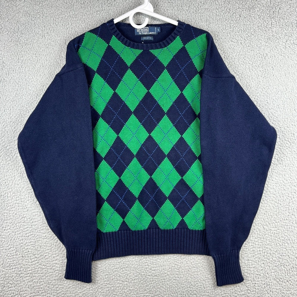 Vintage Polo Ralph Lauren Argyle Sweater Mens Large Navy Blue / Green Crew Neck
